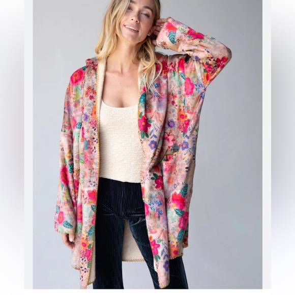 Natural Life Colorful Floral Boho Hooded Soft Cozy Blanket Lounge Cardigan NEW - Picture 1 of 16